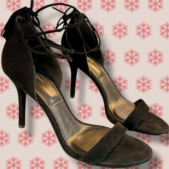 Michael Kors Collection Genuine Suede Black Open Toe Tassel Strap Ankle Tie Heel - Picture 1 of 15
